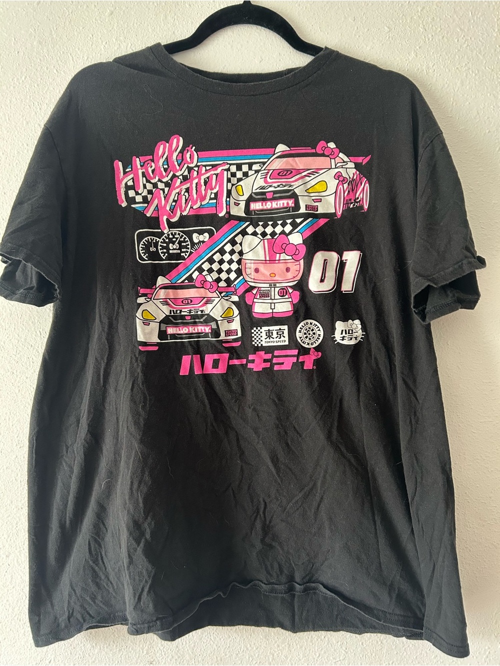 Hello Kitty Black Tee with Pink & Blue Racing Graphic